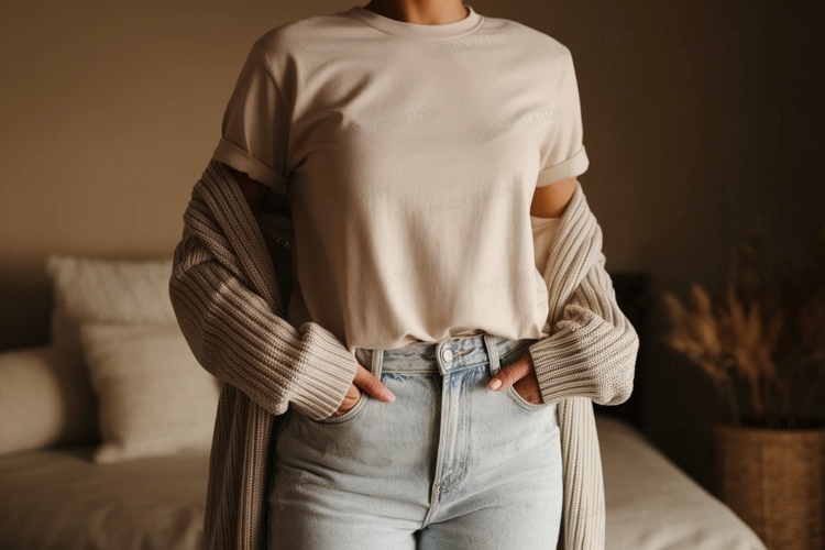 Casual beige t shirt and cardigan mockup image
