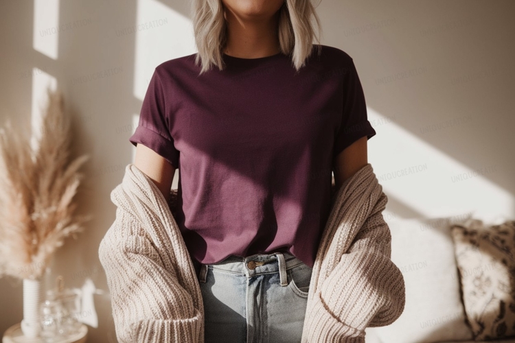 Plum shirt light cardigan jeans image