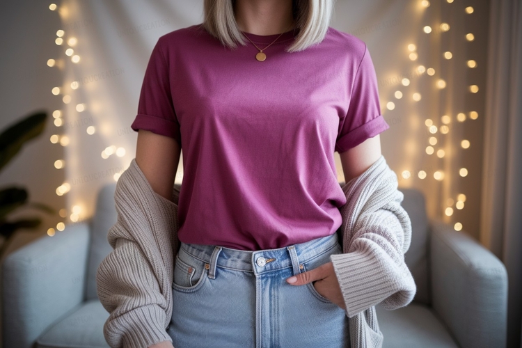 Woman wearing maroon t shirt and cream cardigan image example image 1