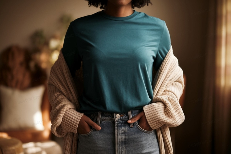 Teal shirt denim jeans cardigan image example image 1