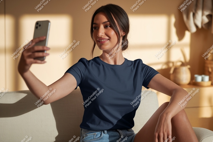 Woman taking selfie wearing blue t-shirt