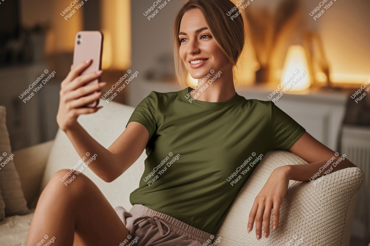 Woman taking selfie on sofa phone casual