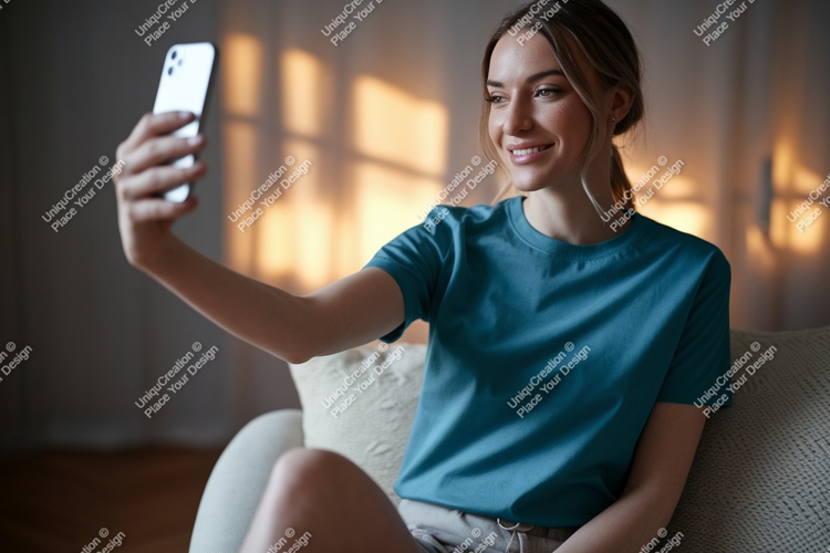 Woman taking selfie wearing blue t shirt phone