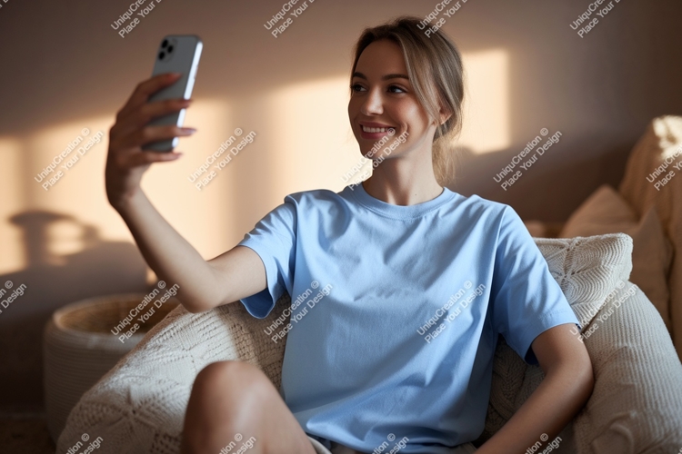 Woman taking selfie in blue shirt phone