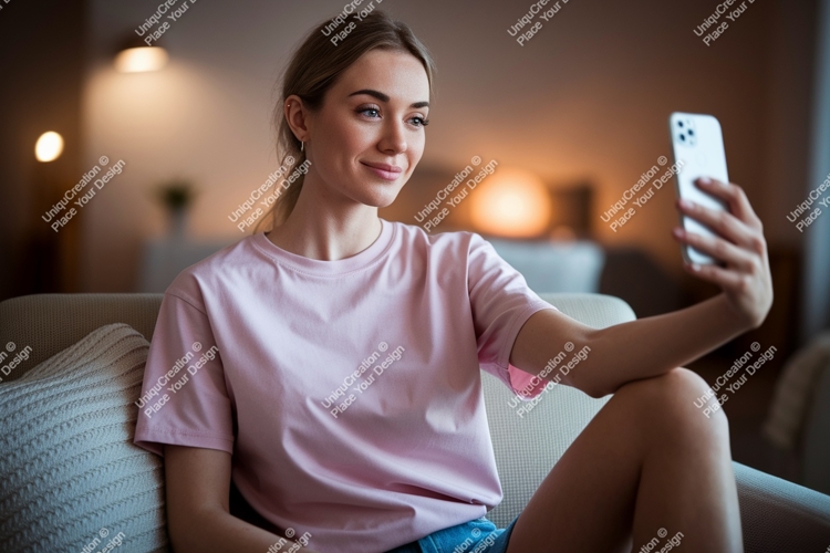 Woman taking selfie with phone indoor couch