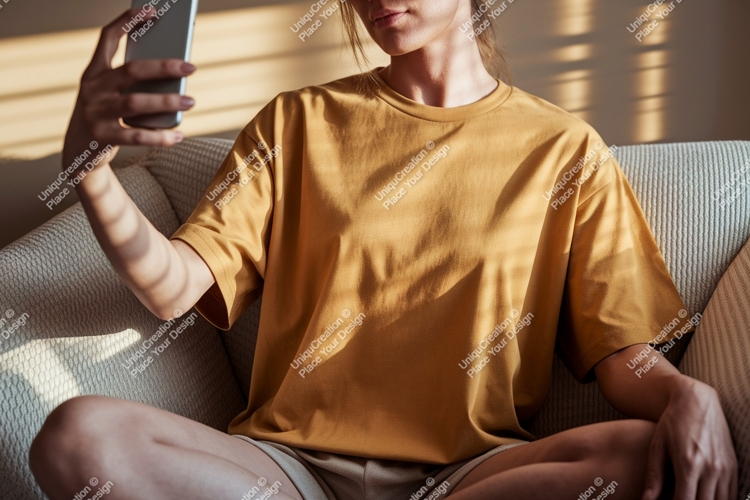 Woman taking selfie on couch phone casual