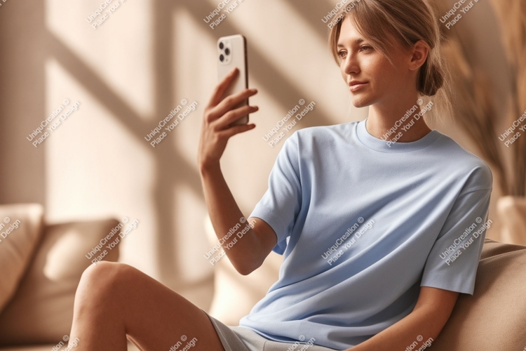 Woman holding phone taking selfie blue shirt