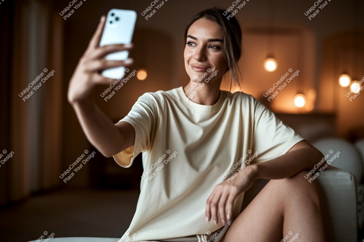 Woman taking selfie indoors phone casual