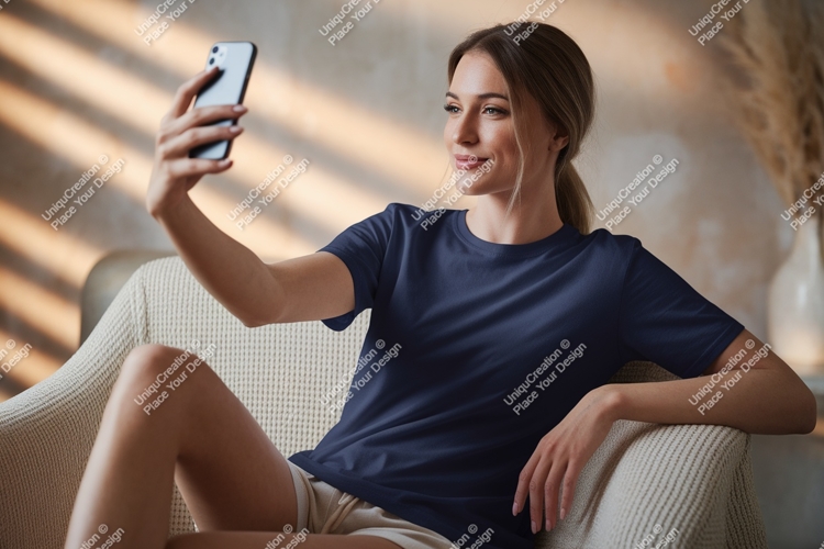 Woman taking selfie in dark blue shirt example image 1