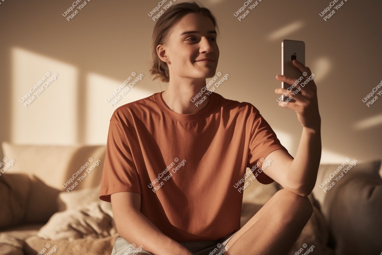 Young man holding phone sitting couch