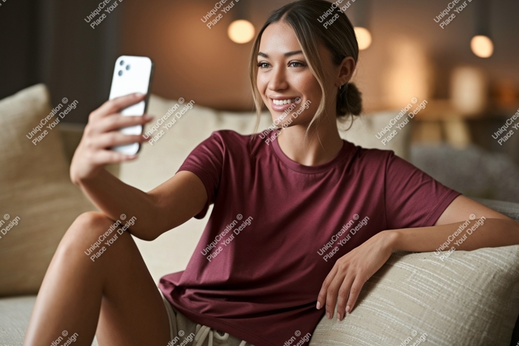 Woman taking selfie with phone on couch home