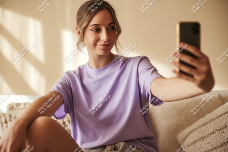 Young woman taking selfie on couch phone