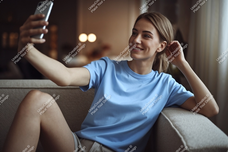 Woman taking selfie on couch phone casual