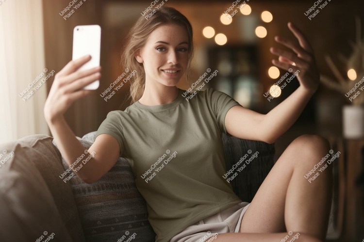 Woman taking selfie with phone on couch indoor