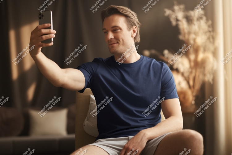 Man taking selfie wearing navy shirt phone