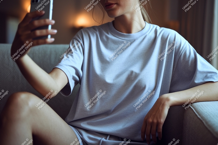 Woman taking selfie on couch phone indoor