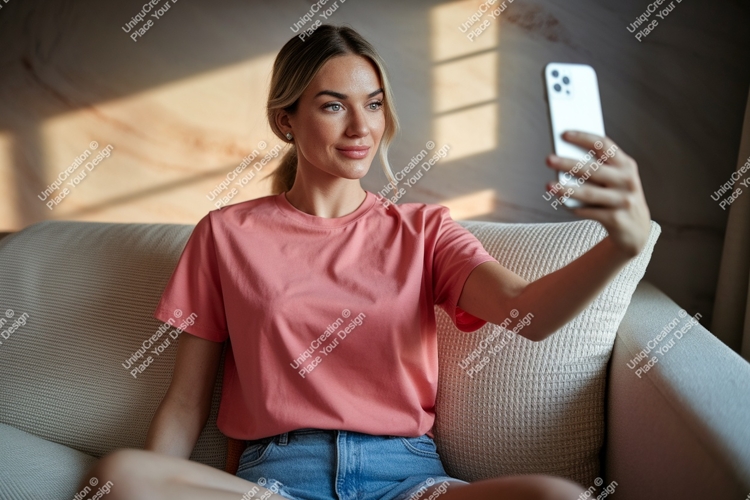 Woman taking selfie on couch phone casual