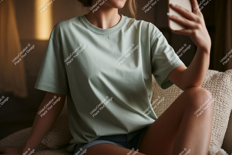 Woman wearing light green t shirt holding phone t-shirt