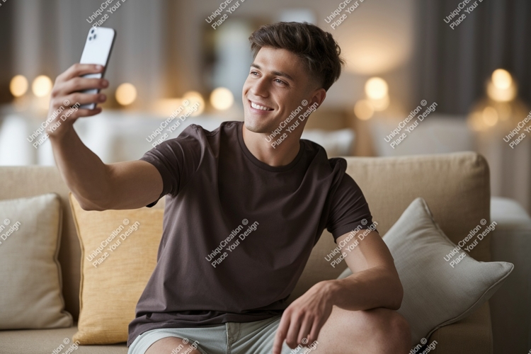 Young man taking selfie on sofa phone casual