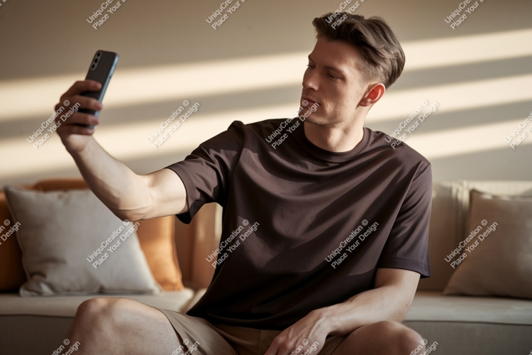 Man taking selfie with phone on couch indoor