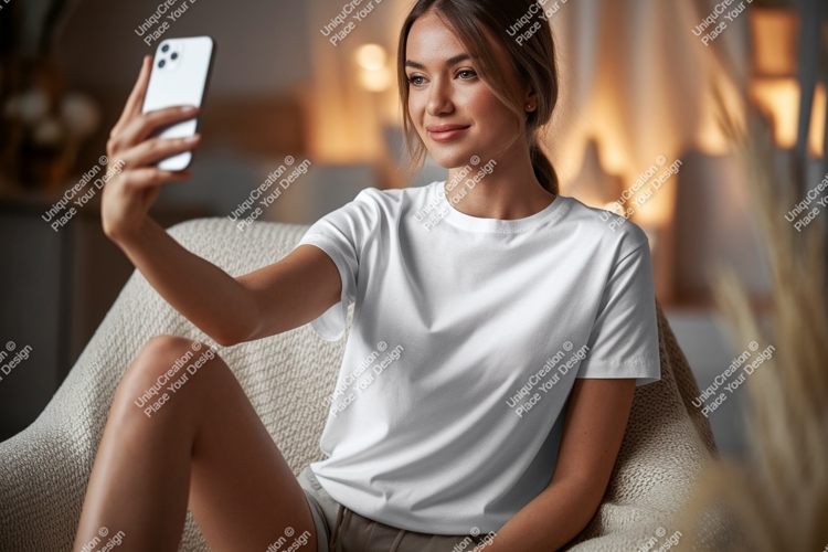 Woman taking selfie wearing white t shirt phone