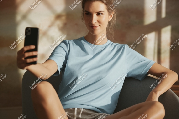 Woman taking selfie with phone blue shirt