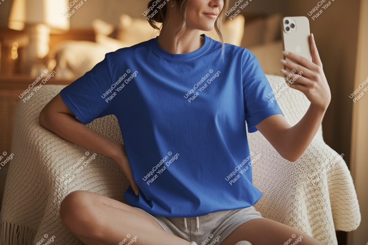 Woman wearing blue shirt taking selfie grey shorts