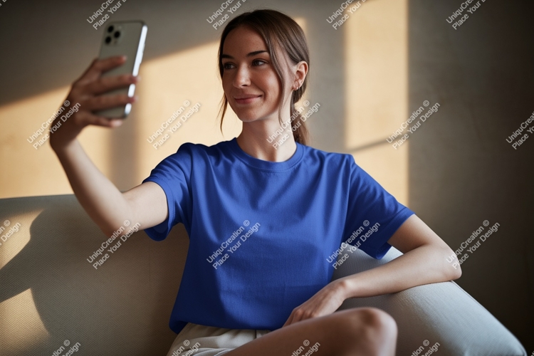 Woman taking selfie wearing blue t shirt phone
