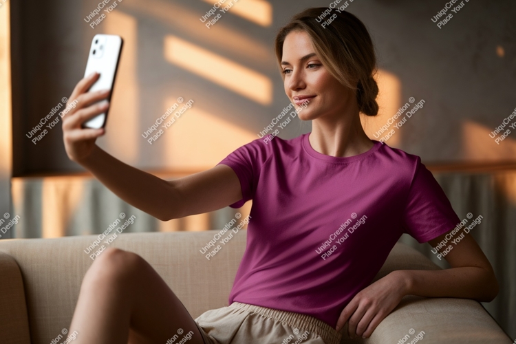 Woman taking selfie wearing magenta t shirt phone