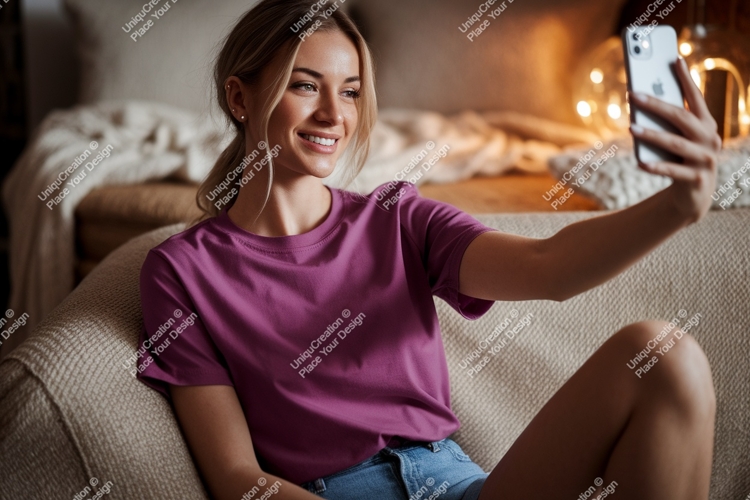 Woman taking selfie on couch phone casual