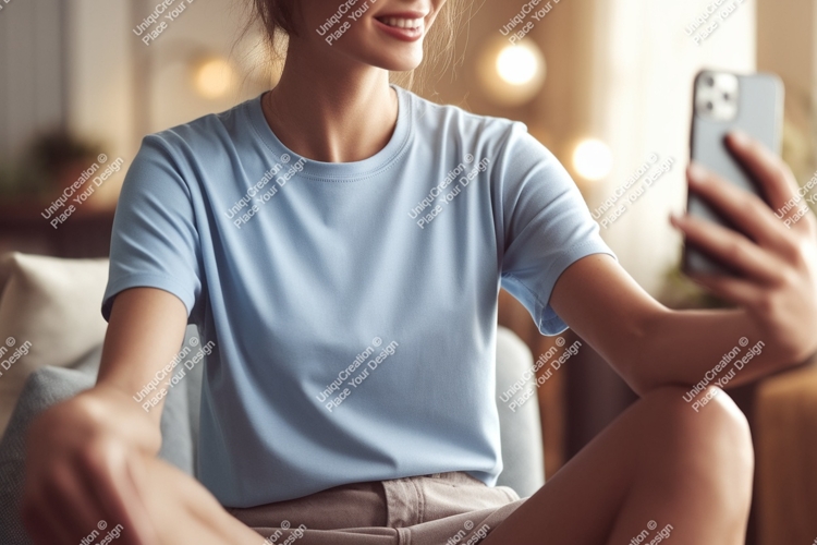 Young woman taking selfie with phone casual t-shirt