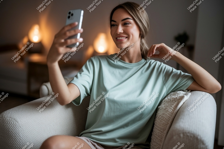 Woman taking selfie indoors phone couch