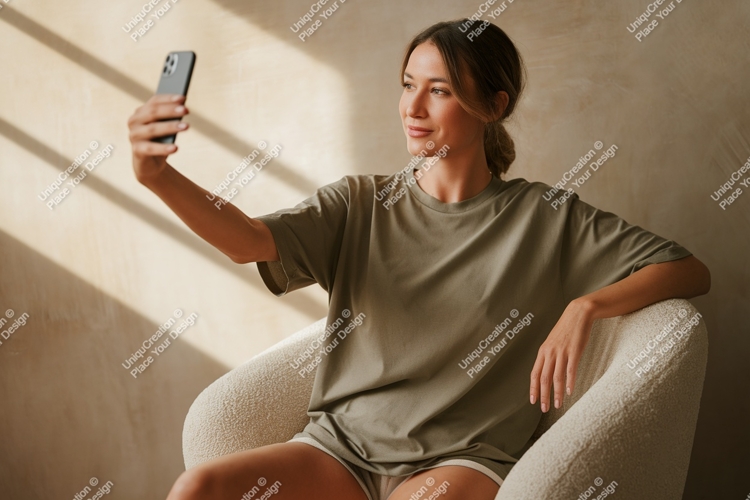 Woman taking selfie in armchair phone casual