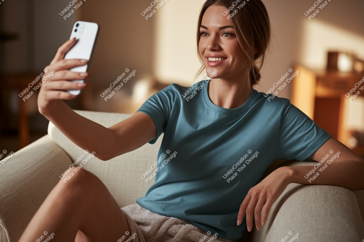 Woman taking selfie wearing blue shirt phone casual