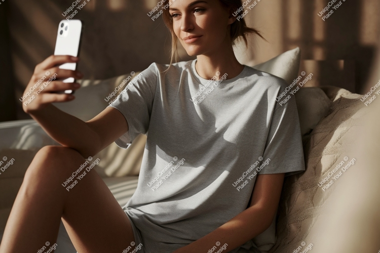 Woman taking selfie with phone grey t-shirt