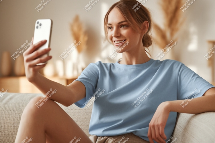 Young woman taking selfie on couch phone indoor