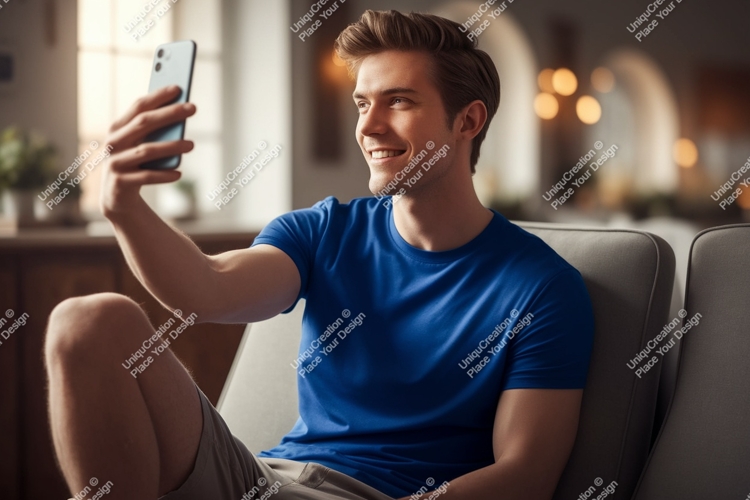 Man taking selfie on couch blue shirt example image 1