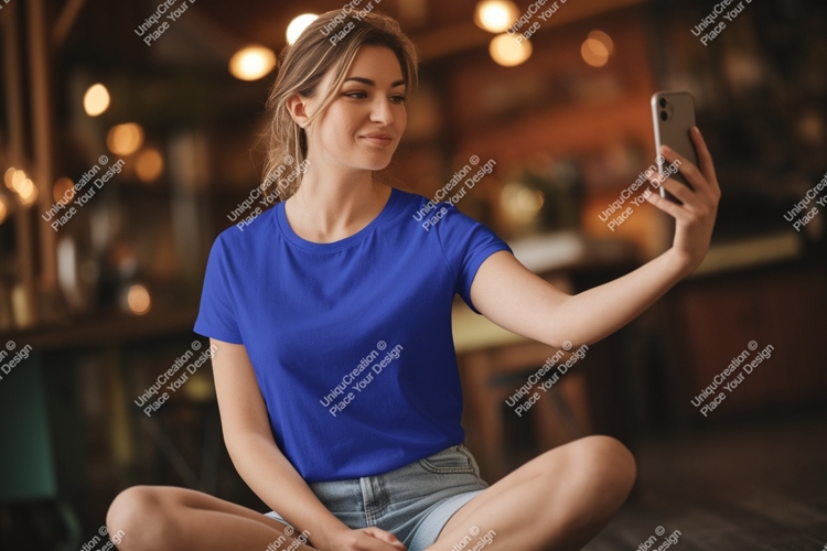 Woman blue shirt denim shorts phone image example image 1