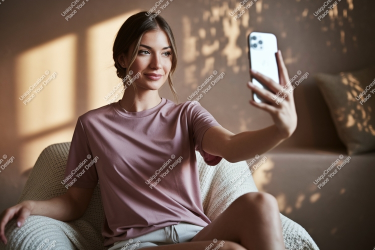 Woman taking selfie holding phone indoor casual