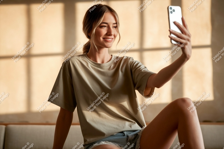 Woman taking selfie with phone casual t-shirt