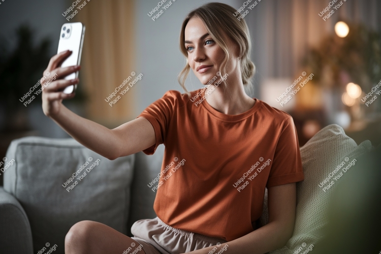 Woman taking selfie with phone couch indoor