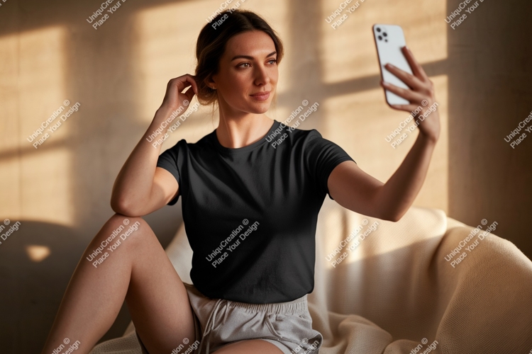 Woman black shirt taking selfie phone image
