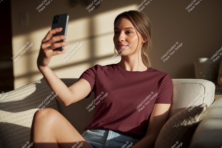 Woman taking selfie wearing maroon t shirt phone