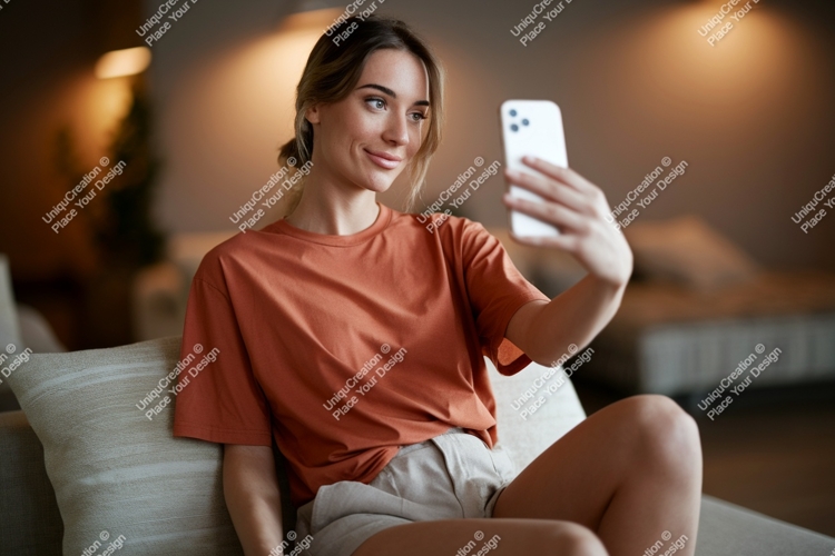 Woman taking selfie with phone couch indoor
