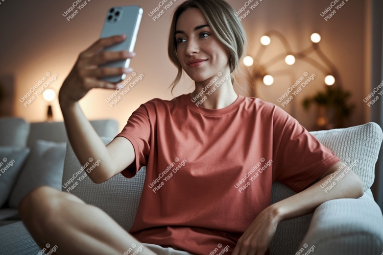 Woman taking selfie indoors phone couch