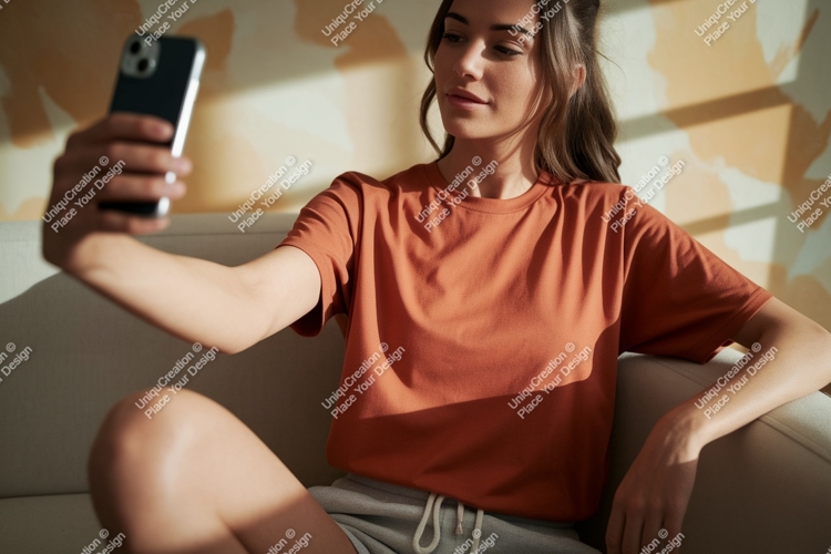 Woman taking selfie on couch phone indoor