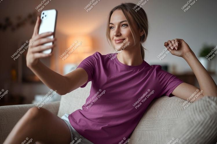 Woman taking selfie on couch phone indoor