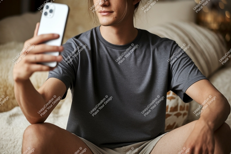 Woman taking selfie on couch phone indoor
