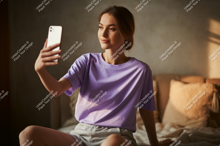 Woman taking selfie with phone holding