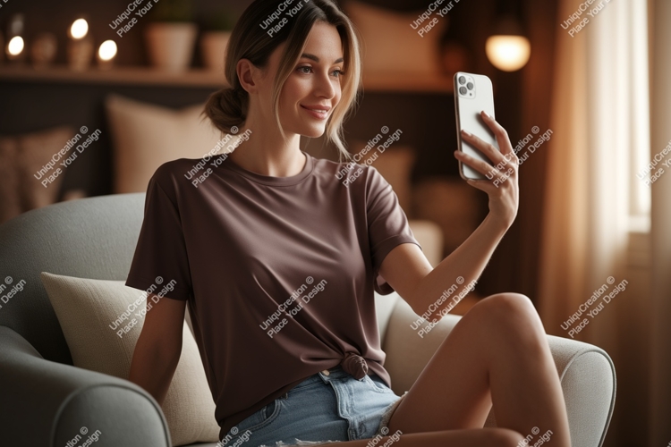 Woman taking selfie with phone in armchair casual